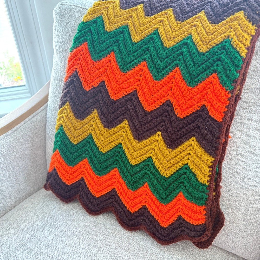 Vintage Handmade Crochet Chevron Ripple Afghan Blanket Orange Yellow Green Brown